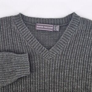 David Taylor V-Neck Sweater Mens Large Green Striped Ribbed Knit Long Sleeve
